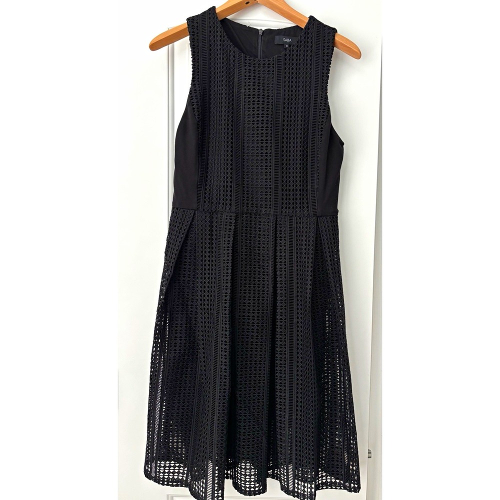 SABA Women's 10 Black Lace Sleeveless A-Line Knee Dress Zip Lined